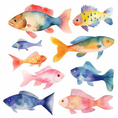 Fototapeta premium Set of watercolor fishes on white background clipart