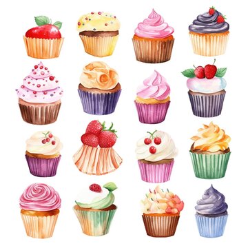 Set of watercolor cupcakes on white background clipart