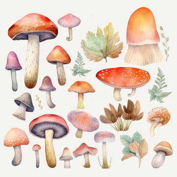 Set of watercolor mushrooms on white background clipart