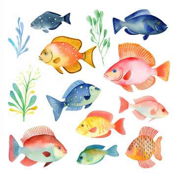 Set of watercolor fishes on white background clipart