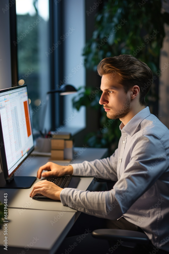 Poster white man using a computer at a desk