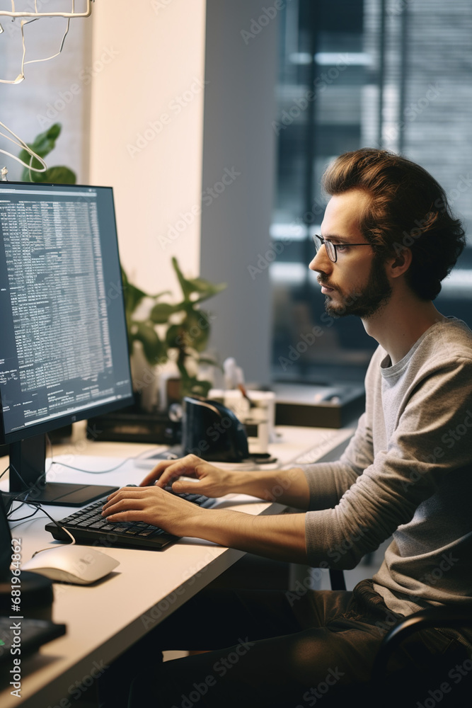 Poster white man using a computer at a desk