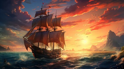 Obraz premium sailing into the sunset, digital art illustration, Generative AI