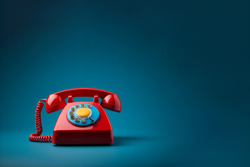 Shot of land line receiver telephone with copy space. Blue and red land line telephone with plain background. 