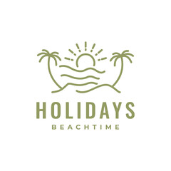 beach holidays vacation sunset coconut trees line style simple logo design vector icon illustration - obrazy, fototapety, plakaty