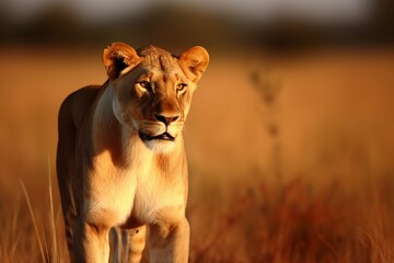 Fototapeta premium Big lioness with mane in Africa. African lion walking in the grass, with beautiful evening light. Wildlife scene from nature. Animal in the habitat.