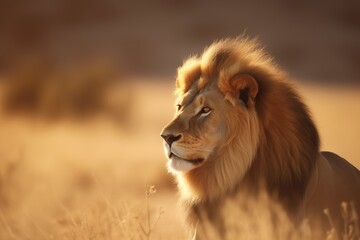 Big lion with mane in Africa. African lion walking in the grass, with beautiful evening light....