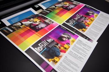 Close up of magazine brochure poster print, colorful flayer printing from machine