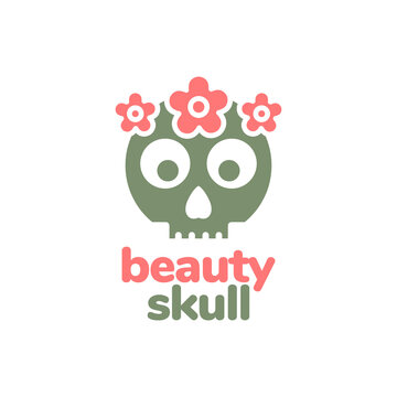 beauty skull face flower head cranium mascot character logo design vector icon illustration