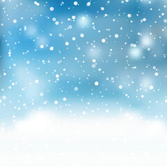 Fototapeta premium Natural Winter Christmas background with sky, heavy snowfall, snowflakes in different shapes and forms, snowdrifts. Vector