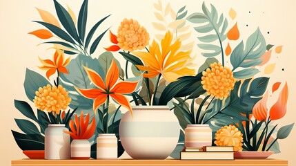 Illustration of Potted Flowers by the Window