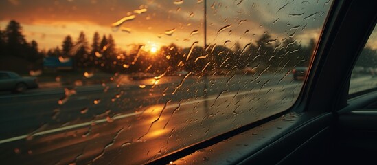 As the car sped along the freeway, the driver admired the vibrant orange hues of the sky through the windshield, while the wipers swiped at the raindrops on the glass. The truck and van passed by - obrazy, fototapety, plakaty