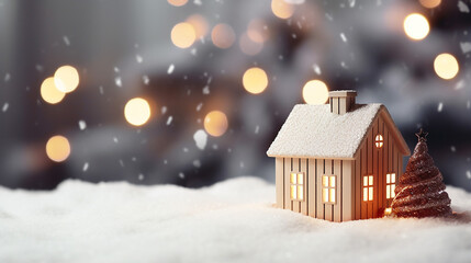 Fototapeta na wymiar miniature Christmas wooden house on the snow over blur background