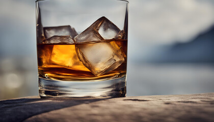 Closeup of a of glass of whiskey with ice on a wooden background