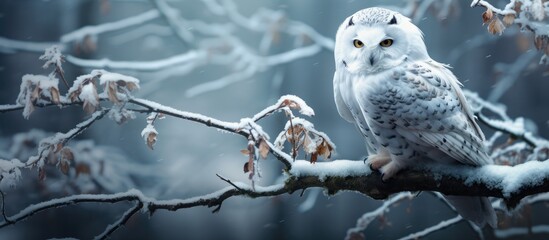 In the winter forest, a white owl perched on a branch, its predatory eyes fixed on the landscape below, its beautiful feathers and sharp beak ready to strike at any unsuspecting prey, showcasing the