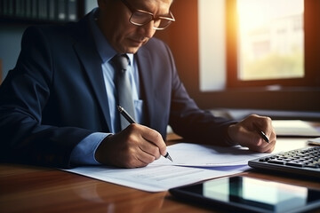 White Man Signing Documents at the Desk