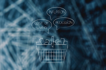 inflation recession and cost of living texts above shopping basket icon