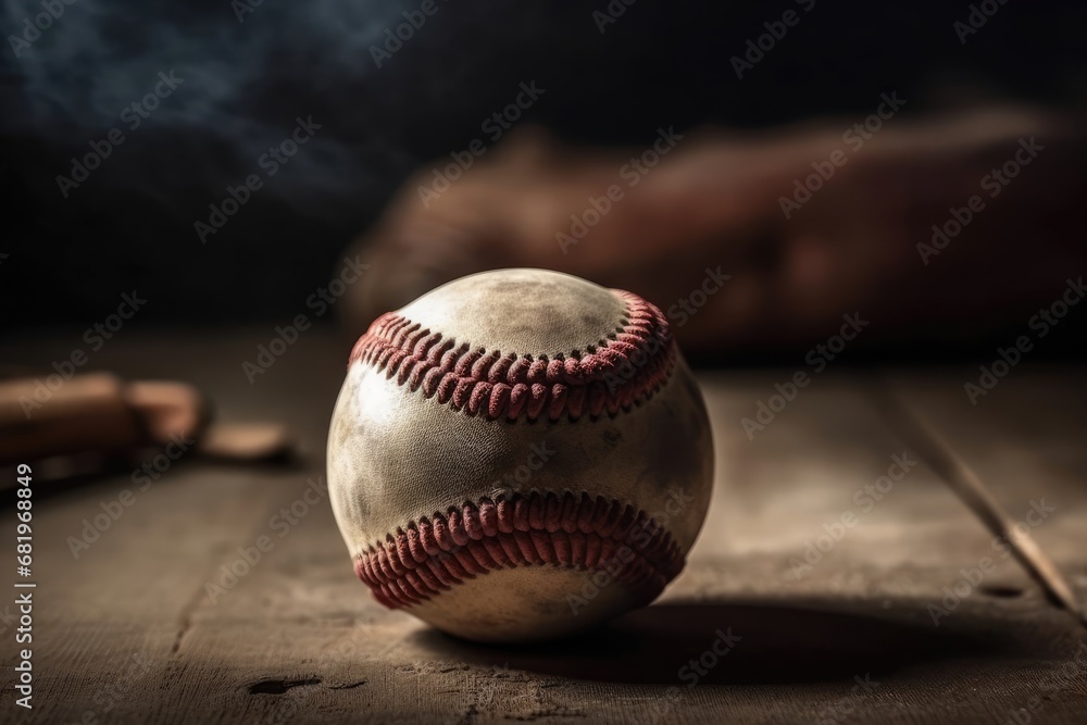 Aufkleber baseball resting on a rustic wooden table surrounded by a generative ai
