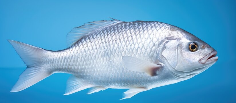 In the depths of the ocean, against a mesmerizing blue background, a vibrant white fish gracefully swims, its silver scales reflecting the sunlight. The sound of gentle waves accompanies the scene