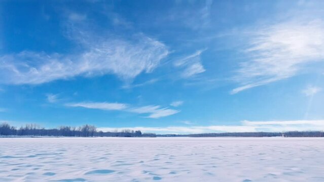 Hyperlapse of dramatic clouds in a blue sky with open winter landscape and view of fields surrounded by forests. seamless time lapse virtual 4k video animation background. Generated with AI