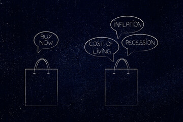 shopping bags with Buy Now vs Cost of living texts, Inflation and recession concept