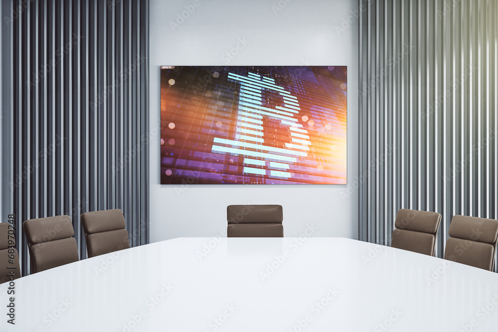 Poster Creative Bitcoin symbol hologram on presentation monitor in a modern boardroom. Mining and blockchain concept. 3D Rendering