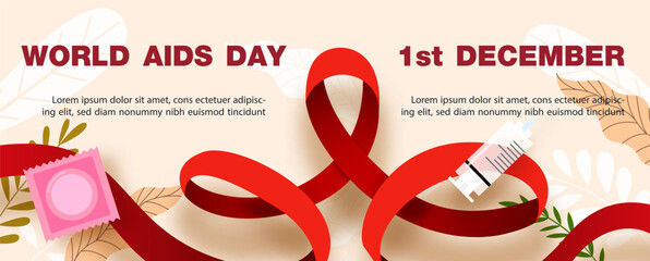 Closeup and crop giant red ribbon with condom and syringe and the day, name of event, example text on cream background. World AIDS day poster's campaign in flat layer style and vector design.