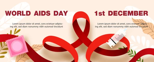 Foto auf Acrylglas Closeup and crop giant red ribbon with condom and syringe and the day, name of event, example text on cream background. World AIDS day poster's campaign in flat layer style and vector design. © Atiwat