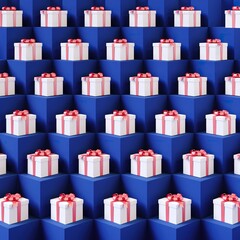 many white gift box with red ribbon put on blue color stage mock up. Christmas idea concept Celebration. 3D Rendering. - 681970293