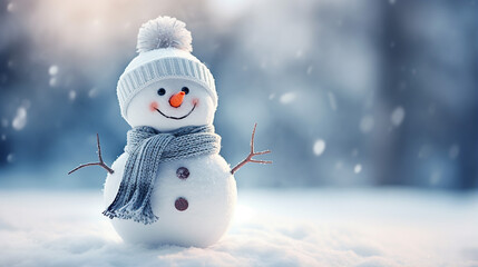 little snowman in a cap and a grey scarf on snow in the winter park