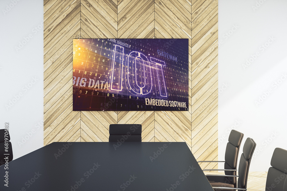 Poster creative iot illustration on tv display in a modern presentation room, future technology concept. 3d