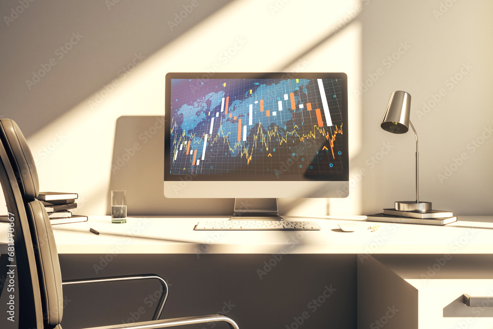 Poster Abstract creative financial graph with world map on modern laptop monitor, forex and investment concept. 3D Rendering