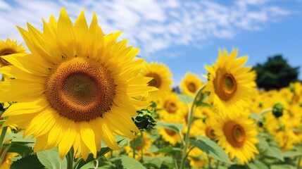 Fototapeta premium heart of the Korean park, amidst a sea of vibrant greenery, the majestic sunflowers danced joyfully, their sun kissed petals gleaming like rays of sunlight. The sight of these captivating yellow