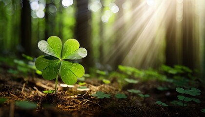 Four-leaf Clover alone in a glowing forest, close-up shot - obrazy, fototapety, plakaty