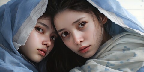 painting of a two women covering themselves in a blanket, generative AI