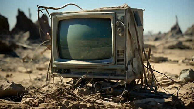 An old CRT television sitting atop a bed of sticks and twigs covered in a layer of dust and grime from a long desert journey. The black bezel has a layer of dried