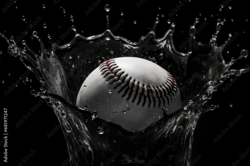 Poster baseball taking a dive in refreshing waters surrounded by a splashing generative ai