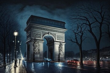 Paris Night round eiffel tower city capital setting urban landscape moon star heaven evening magic...