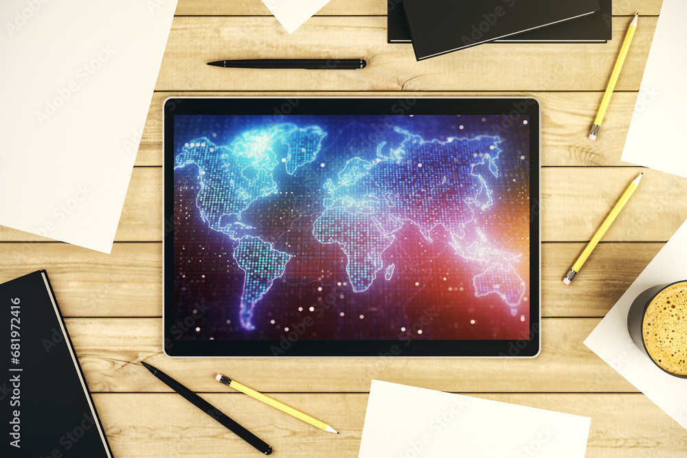 Poster Modern digital tablet display with abstract creative world map, research and analytics concept. Top view. 3D Rendering