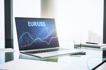 Creative concept of EURO USD financial chart illustration on modern laptop screen. Trading and currency concept. 3D Rendering