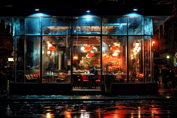 An old school cafe at night, generative ai - obrazy, fototapety, plakaty