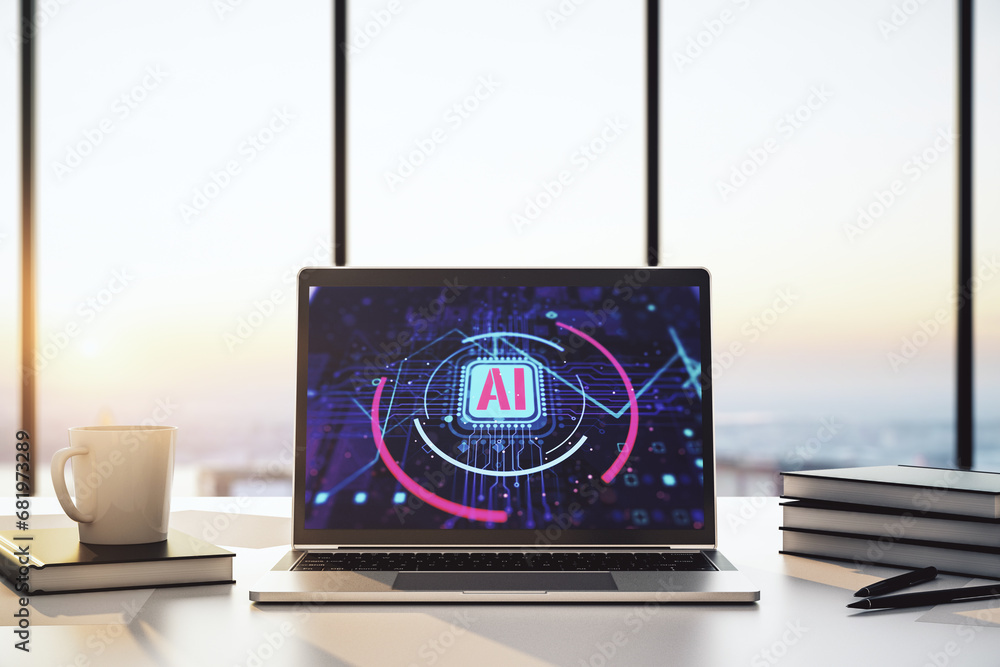 Poster Computer monitor with creative artificial Intelligence abbreviation. Future technology and AI concept. 3D Rendering