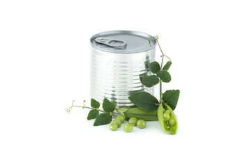 Tin can and fresh garden peas isolated on white