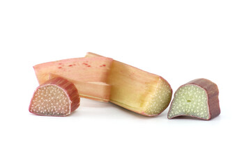 Group of rhubarb pieces isolated on white background
