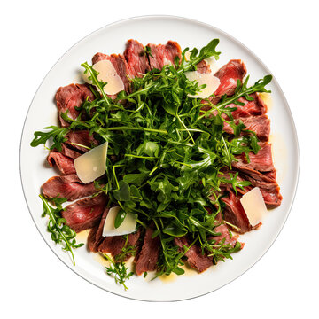 Beef Carpaccio with Arugula Isolated on Transparent or White Background, PNG