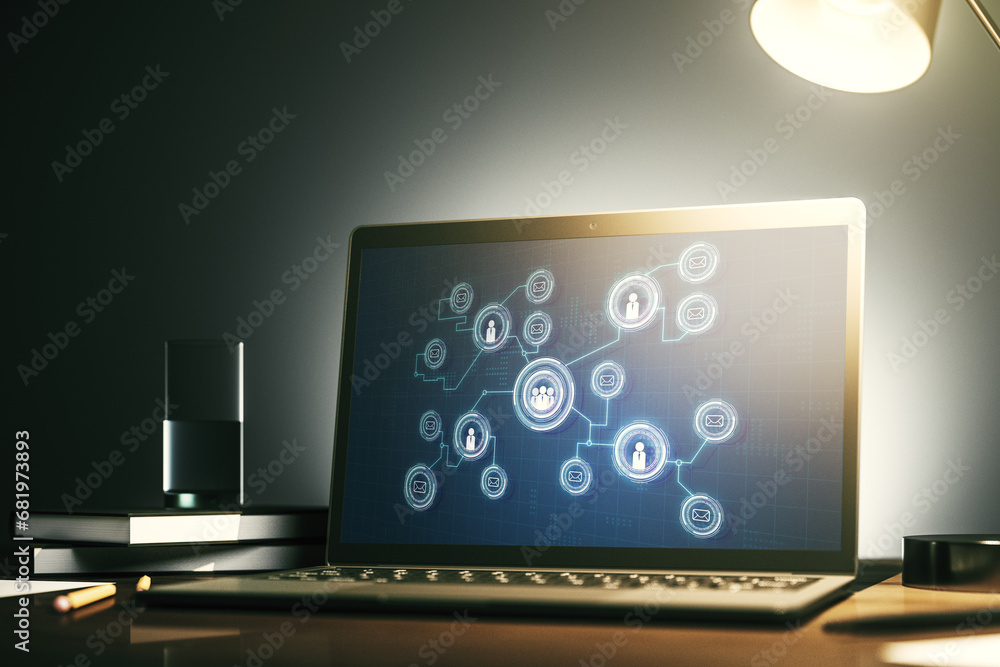 Poster Modern computer display with social network icons concept. Networking concept. 3D Rendering