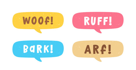 Dog bark animal sound effect text in a speech bubble balloon clipart set. Cute cartoon onomatopoeia comics and lettering.