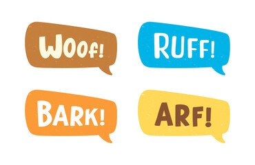 Dog bark animal sound effect text in a speech bubble balloon clipart set. Cute cartoon onomatopoeia comics and lettering.