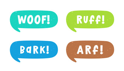 Dog bark animal sound effect text in a speech bubble balloon clipart set. Cute cartoon onomatopoeia comics and lettering.