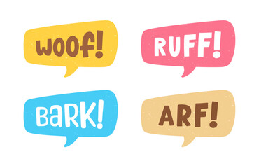 Dog bark animal sound effect text in a speech bubble balloon clipart set. Cute cartoon onomatopoeia comics and lettering.